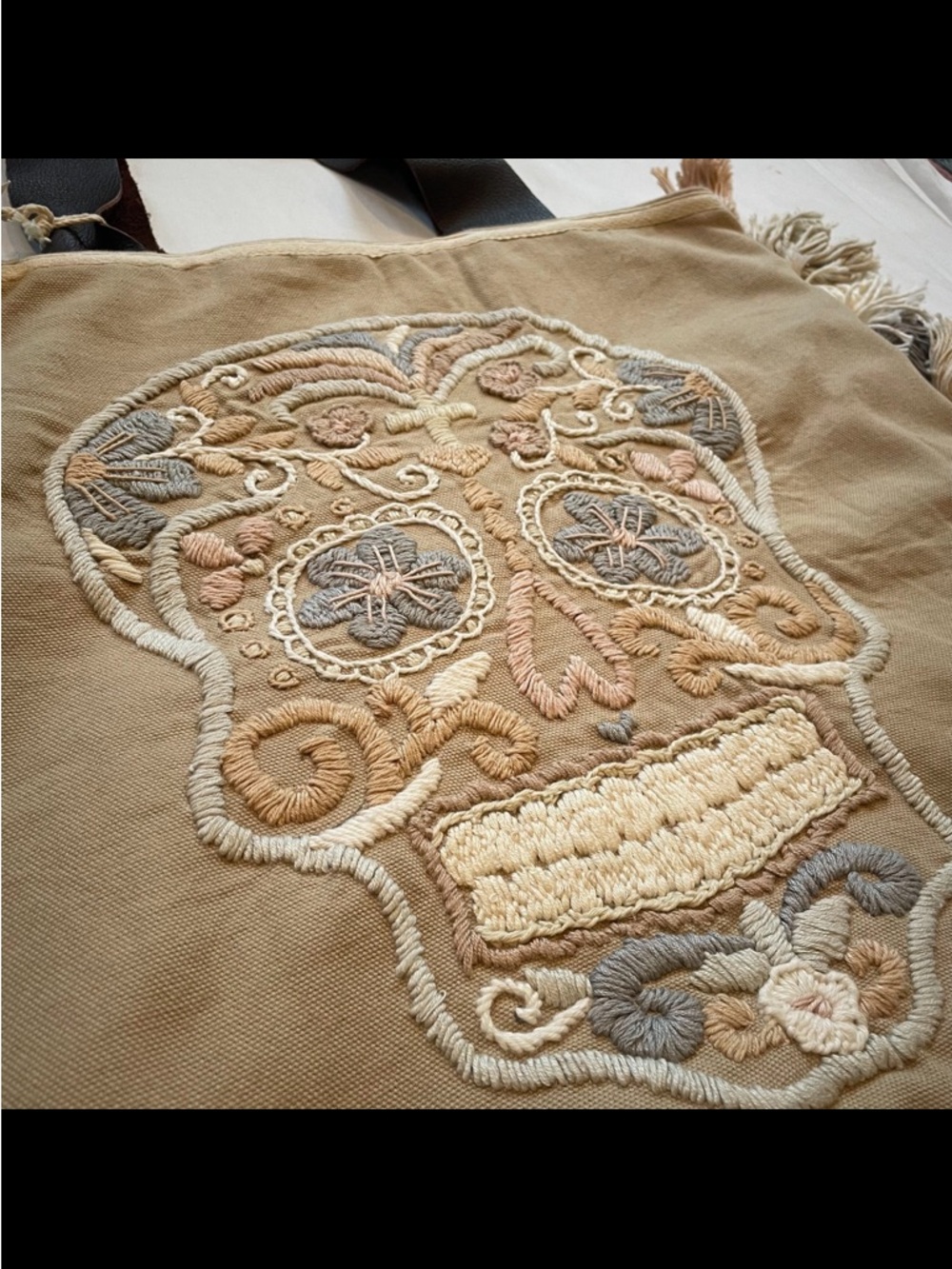 La Troupe Tulum Skull Tassel Tote Bag Bolso Calaca Verde Bordado Y - Picture 8 of 14